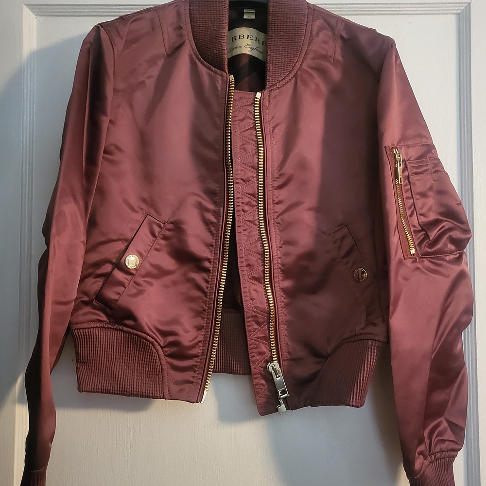 Burberry Burgundy Satin Bomber Jacket